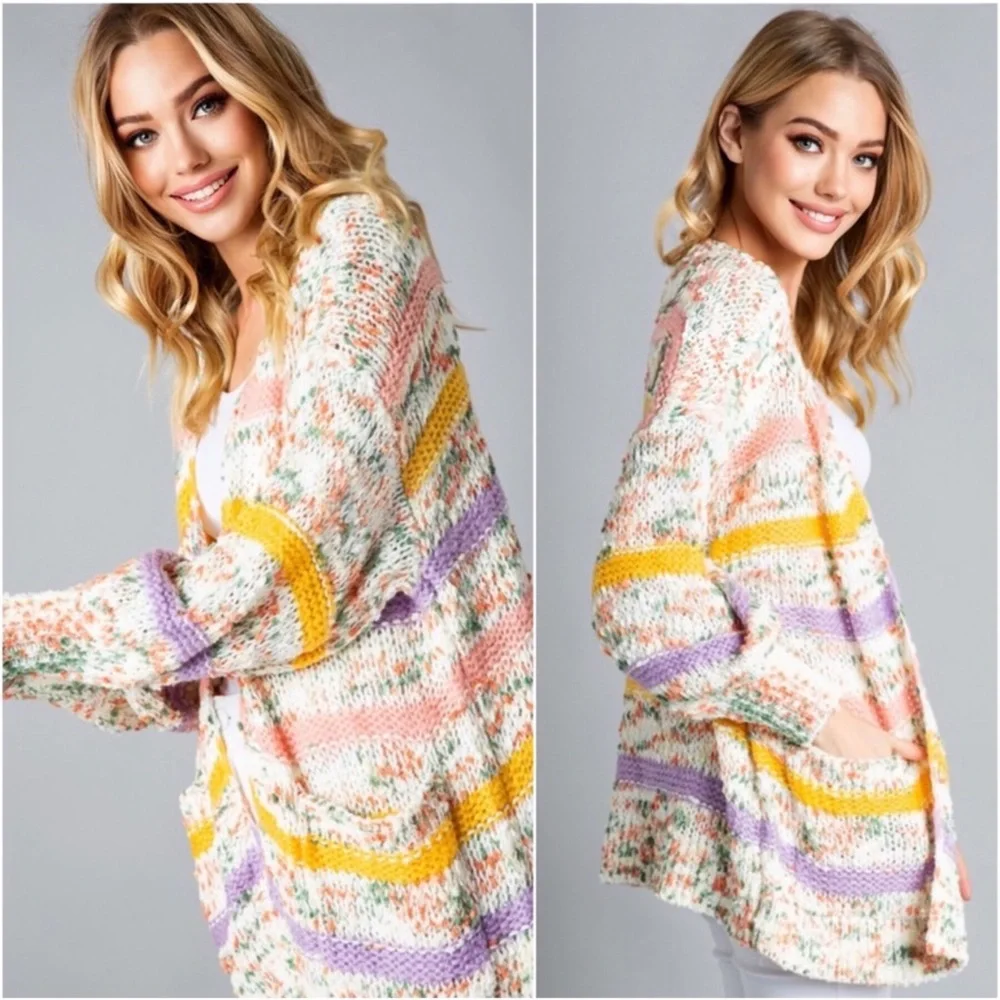 1 LEFT! Speckled Knit Women's Stripe Confetti Warm Fall Women's Cardigan Sweater - Picture 2 of 5